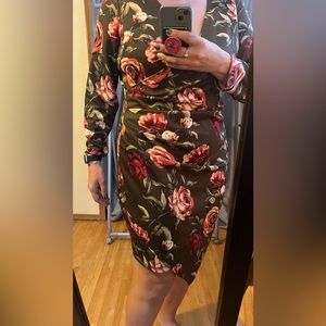 Venus floral v neck cross slit Rouched dress